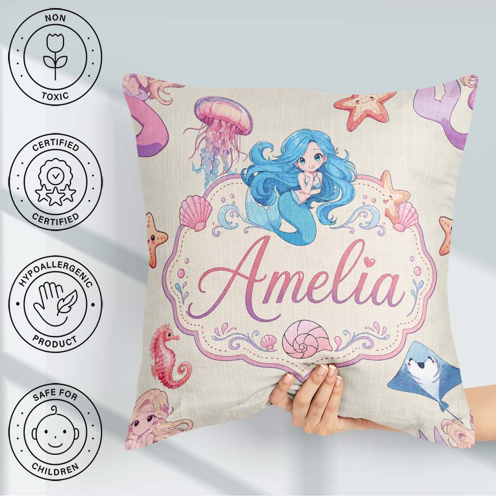 Custom Name Cartoon Mermaid and Sea Creatures Seamless Pattern Square Filled Cushion Throw Pillow Sofa Bed Home Decor Zip Washable UK Made