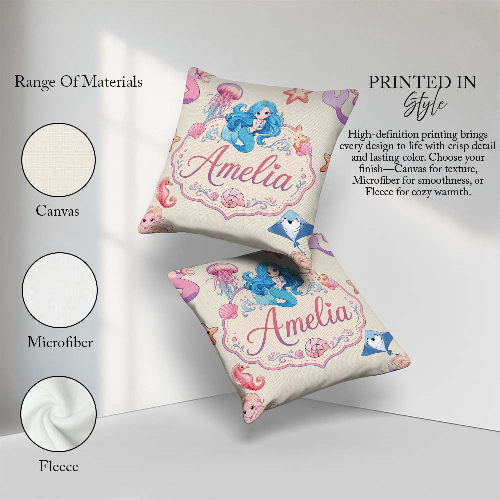 Custom Name Cartoon Mermaid and Sea Creatures Seamless Pattern Square Filled Cushion Throw Pillow Sofa Bed Home Decor Zip Washable UK Made