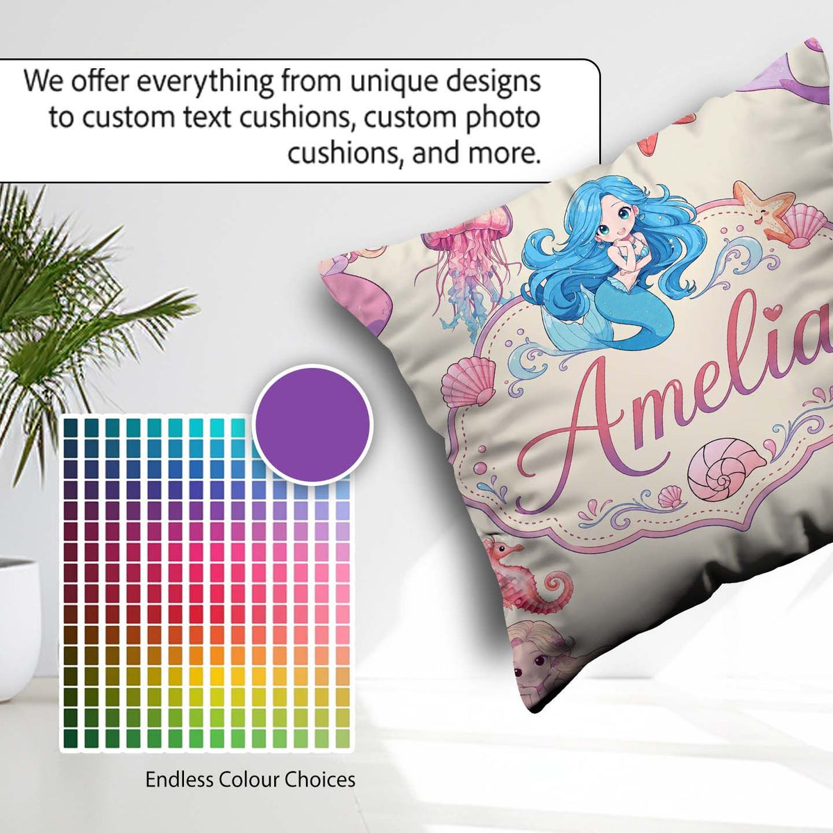 Custom Name Cartoon Mermaid and Sea Creatures Seamless Pattern Square Filled Cushion Throw Pillow Sofa Bed Home Decor Zip Washable UK Made
