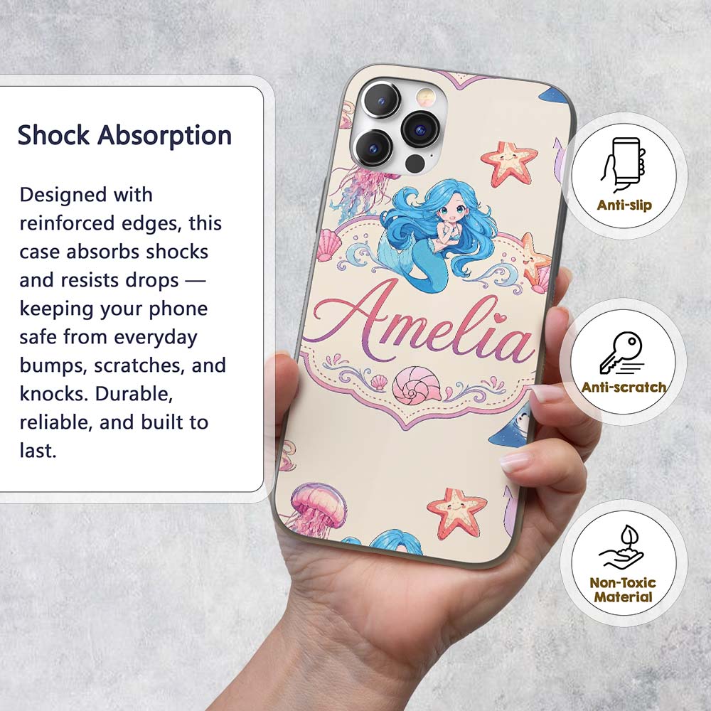 Cute Cartoon Mermaid and Sea Creatures Seamless Custom Name Protective Phone Case Mobile Cover Durable Everyday Smartphone Shock Resistant
