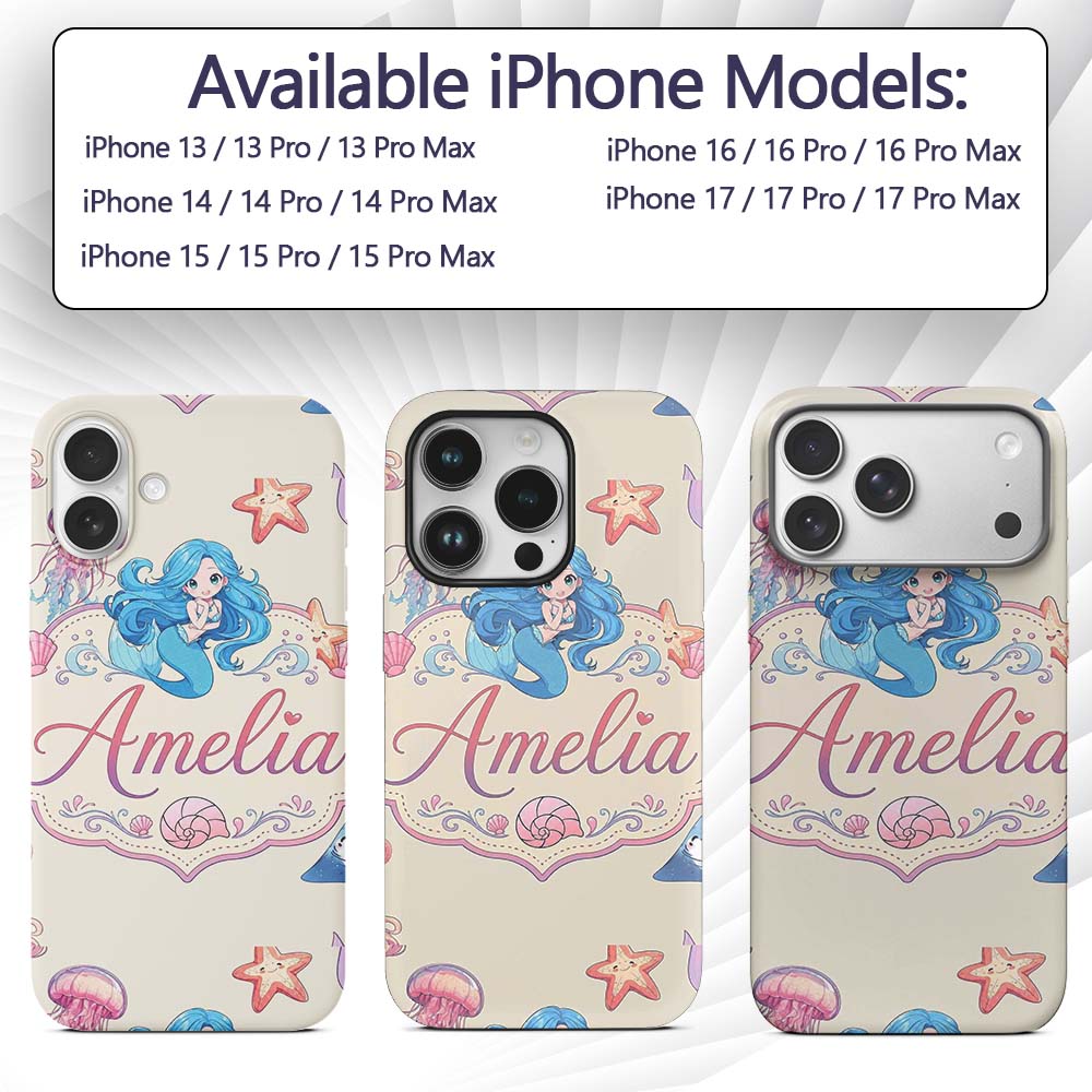 Cute Cartoon Mermaid and Sea Creatures Seamless Custom Name Protective Phone Case Mobile Cover Durable Everyday Smartphone Shock Resistant
