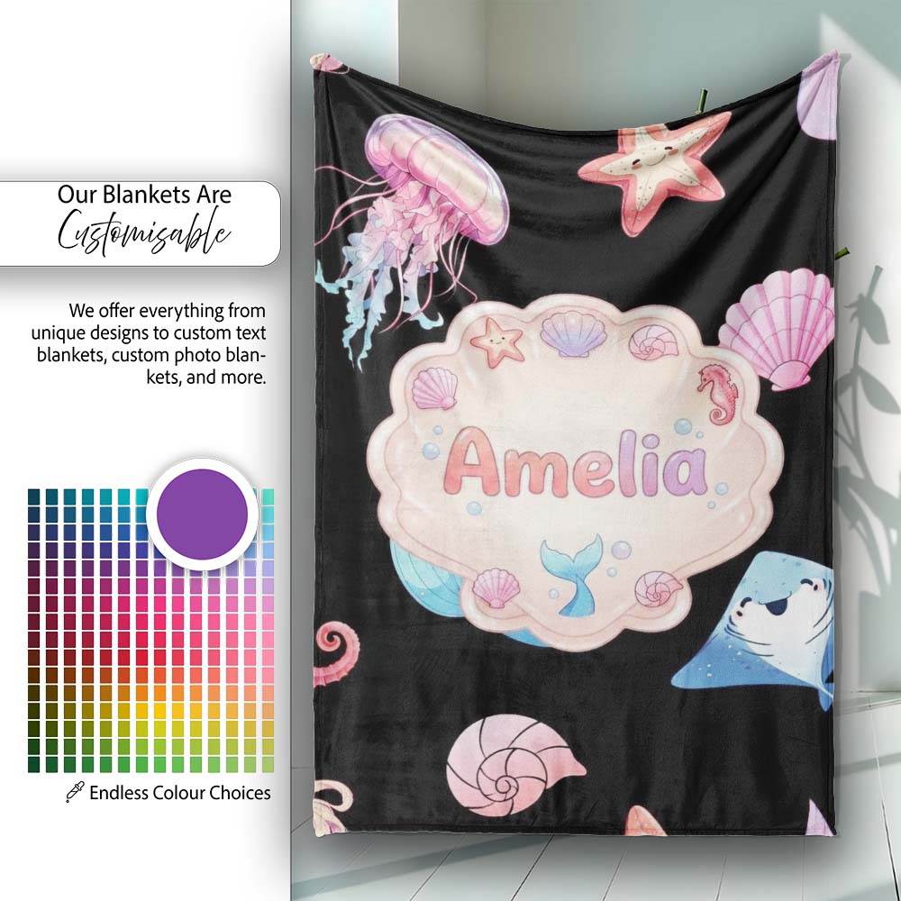 Cute Mermaid with Sea Creatures on Black Background Seamless Pattern Personalised Custom Name Super Soft Fleece Blanket Bed Sofa Throw