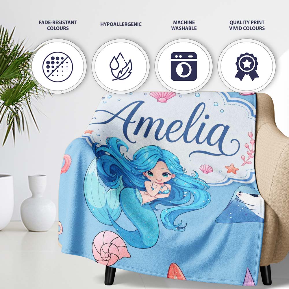 Cute Kawaii Mermaid Ocean Friends Jellyfish Starfish Blue Background Personalised Custom Name Super Soft Fleece Blanket Bed Sofa Throw