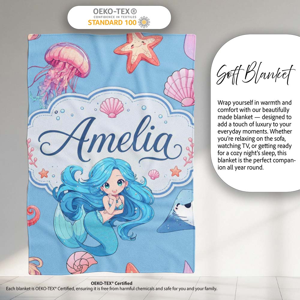 Cute Kawaii Mermaid Ocean Friends Jellyfish Starfish Blue Background Personalised Custom Name Super Soft Fleece Blanket Bed Sofa Throw