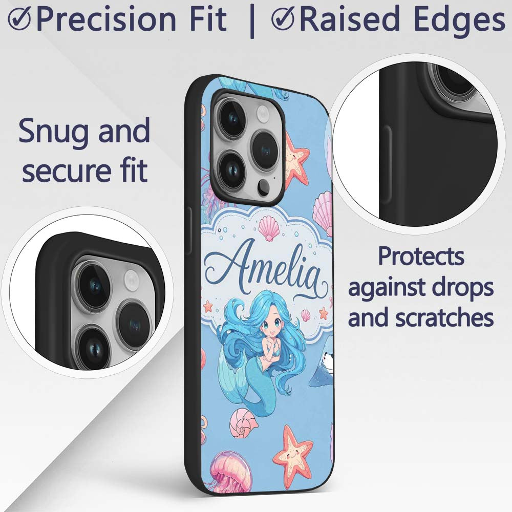 Cute Kawaii Mermaid Ocean Friends Printed Design Custom Name Protective Phone Case Mobile Cover Durable Everyday Smartphone Shock Resistant