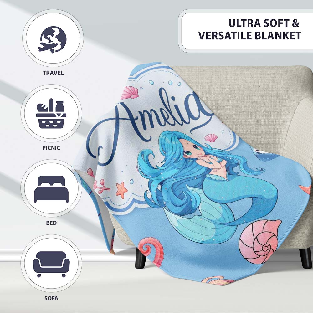 Cute Kawaii Mermaid Ocean Friends Jellyfish Starfish Blue Background Personalised Custom Name Super Soft Fleece Blanket Bed Sofa Throw