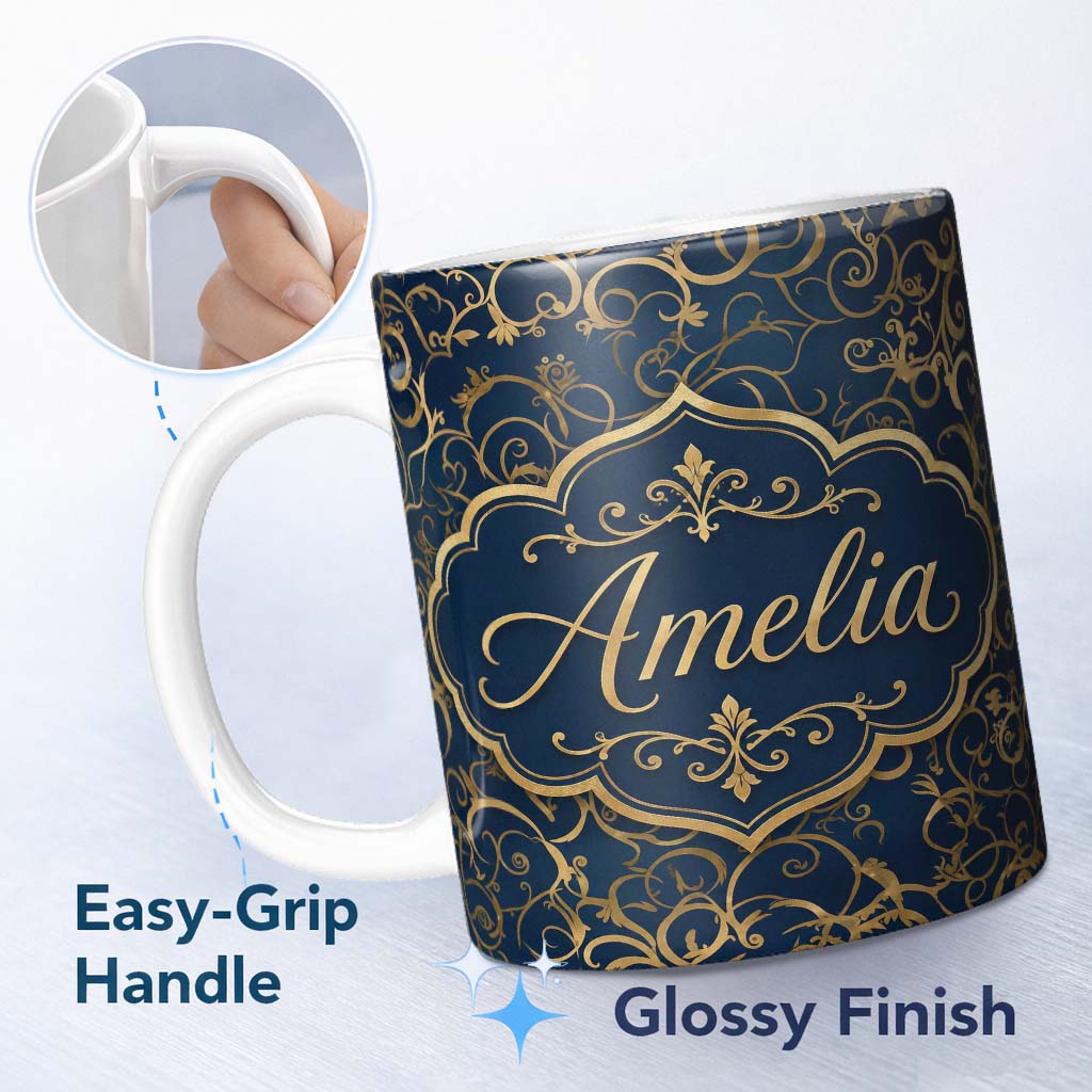 Personalized Custom Name Luxury Gold Floral Vine Scroll on Deep Blue Elegant Seamless Pattern 11oz Ceramic Coffee Tea Mug White Large Handle