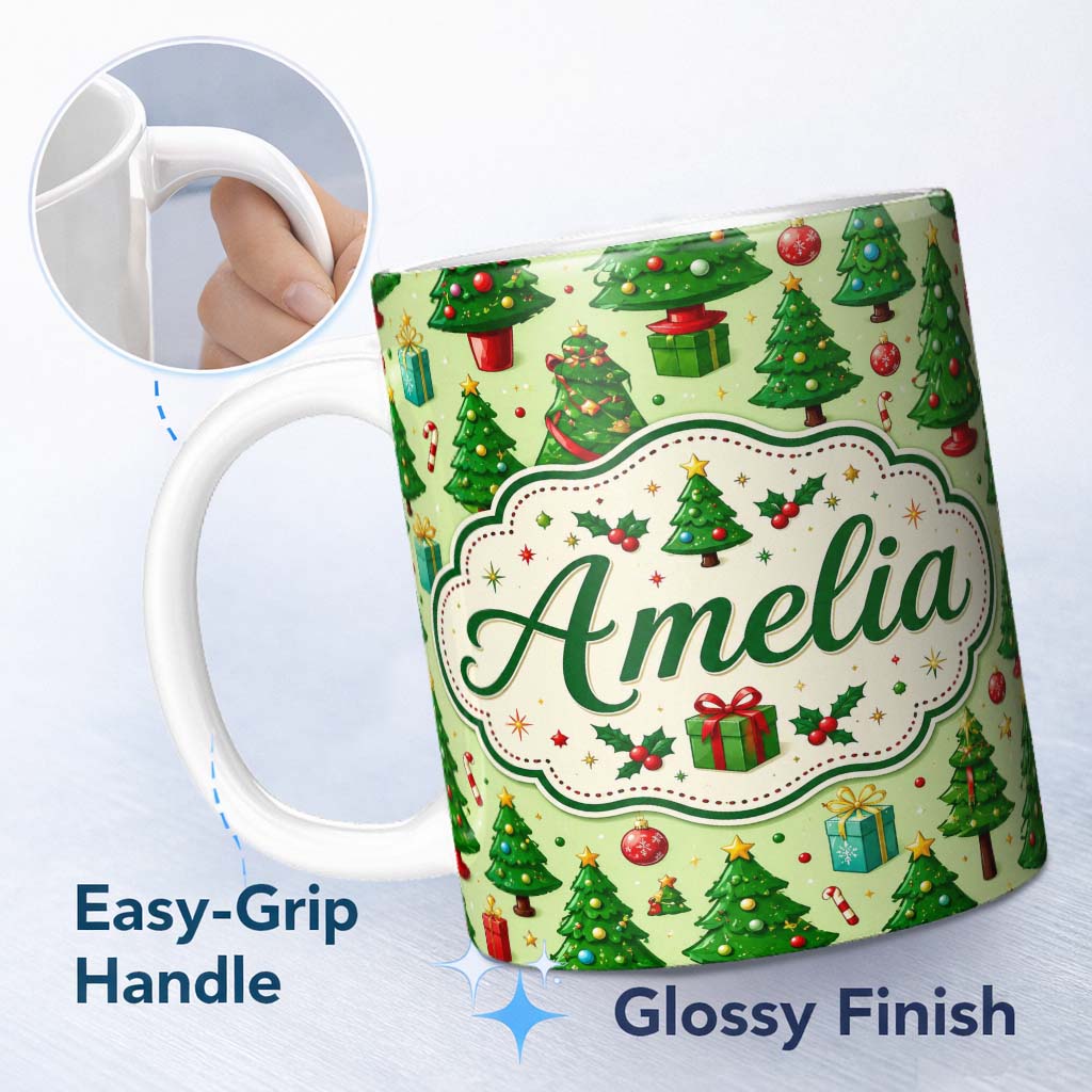 Personalized Custom Name Whimsical Christmas Trees Gifts Ornaments Festive Seamless Pattern 11oz Ceramic Coffee Tea Mug White Large Handle