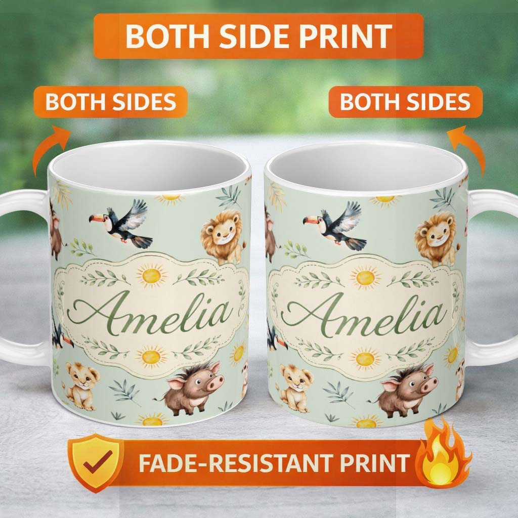 Custom Name Cute Safari Animals Lion Meerkat Toucan and Warthog with Sun and 11oz Ceramic Coffee Tea Mug White Large Handle