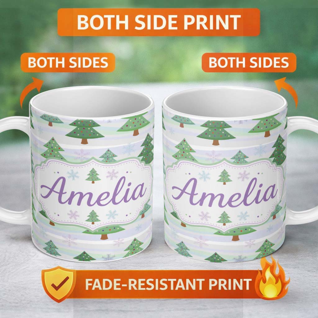 Personalized Custom Name Pastel Christmas Tree Snowflake Winter Landscape Seamless Pattern 11oz Ceramic Coffee Tea Mug White Large Handle