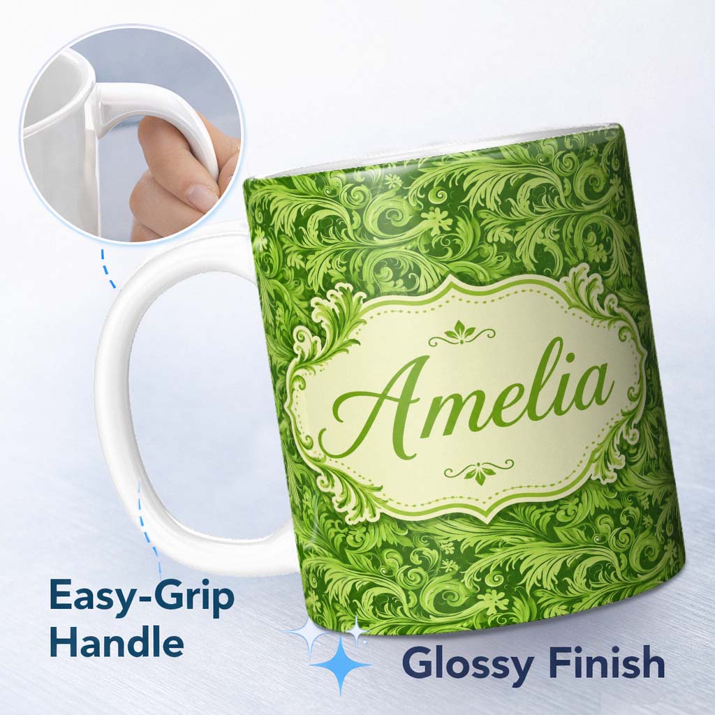 Personalized Custom Name Deep Green Baroque Ornamental Scroll Seamless Pattern Lovely 11oz Ceramic Coffee Tea Mug White Large Handle