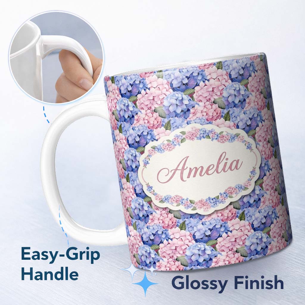 Personalized Custom Name Bold Pink and Blue Hydrangea Blossom Seamless Pattern Lovely 11oz Ceramic Coffee Tea Mug White Large Handle