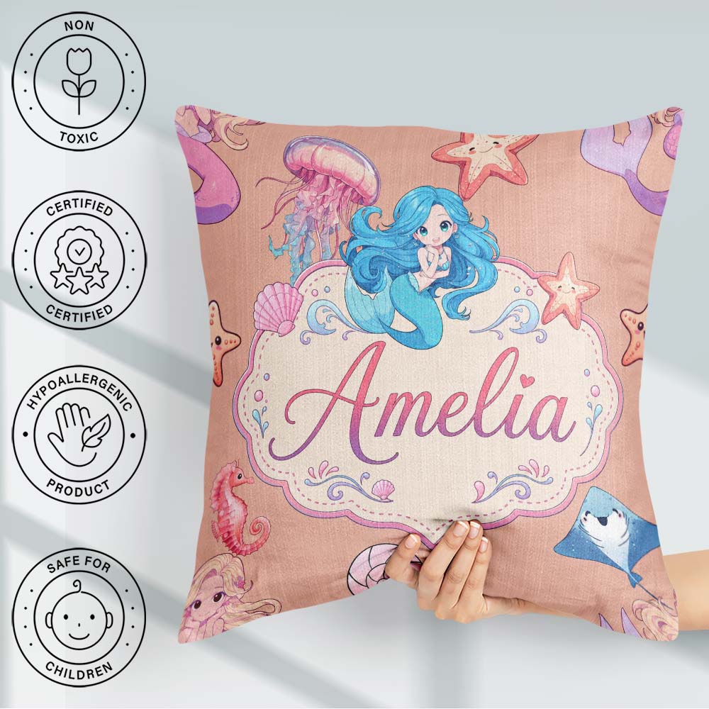 Custom Name Cute Kawaii Mermaid Ocean Friends Jellyfish Starfish Square Filled Cushion Throw Pillow Sofa Bed Home Decor Zip Washable UK Made