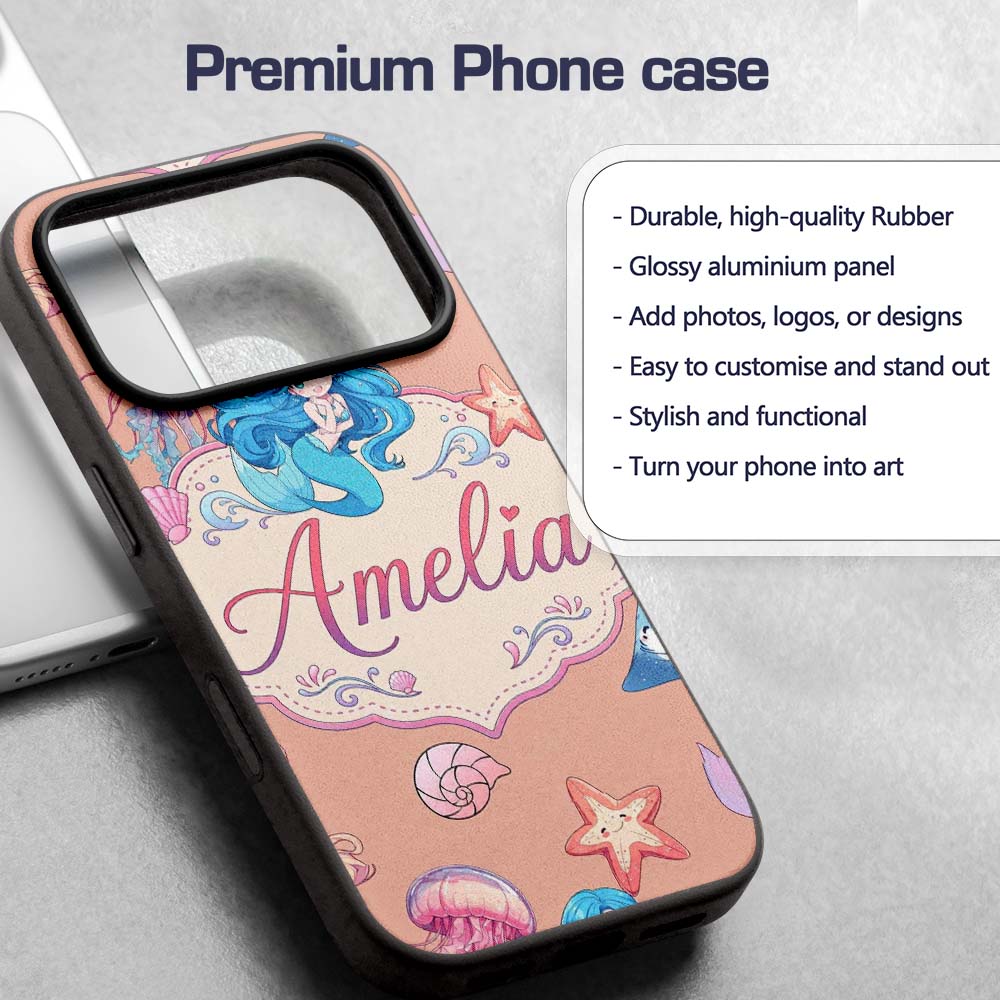 Cute Kawaii Mermaid Ocean Friends Printed Design Custom Name Protective Phone Case Mobile Cover Durable Everyday Smartphone Shock Resistant