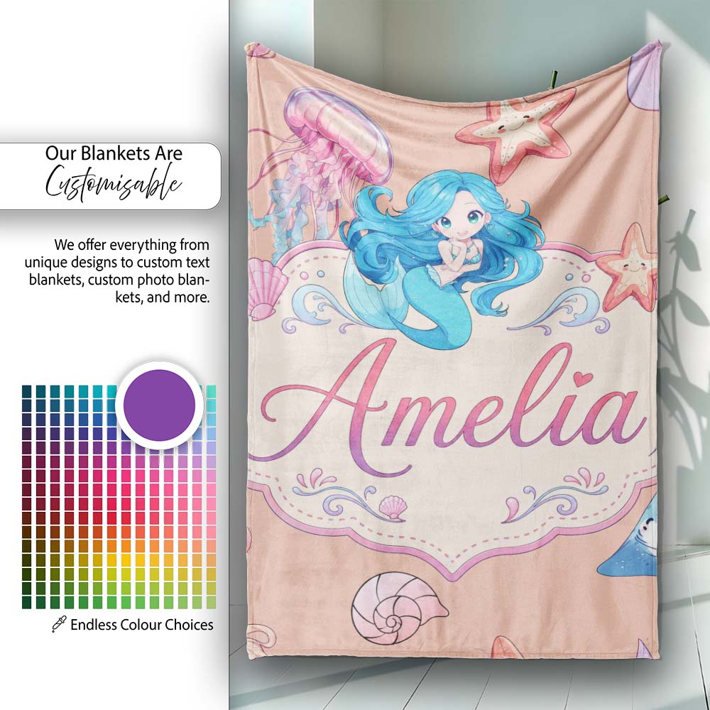 Cute Kawaii Mermaid Ocean Friends Jellyfish Starfish Peach Lovely Personalised Custom Name Super Soft Fleece Blanket Bed Sofa Throw