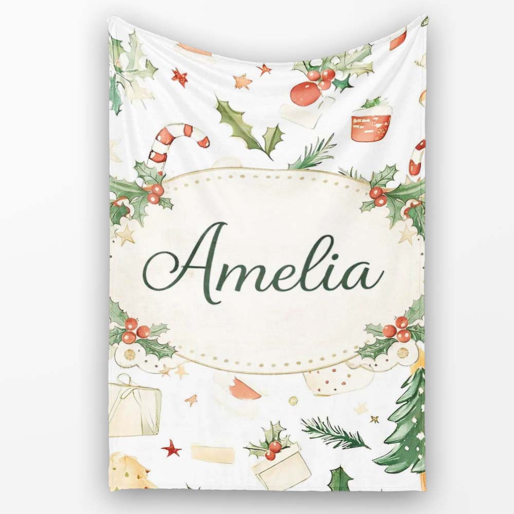Rustic Christmas Elements Holly Candy Cane Pattern Seamless Design Personalised Custom Name Super Soft Fleece Blanket Bed Sofa Throw