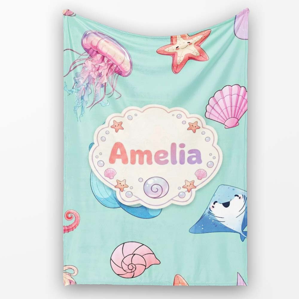 Mermaid Ocean Friends Jellyfish Starfish Mint Green Background Personalised Custom Name Super Soft Fleece Blanket Bed Sofa Throw