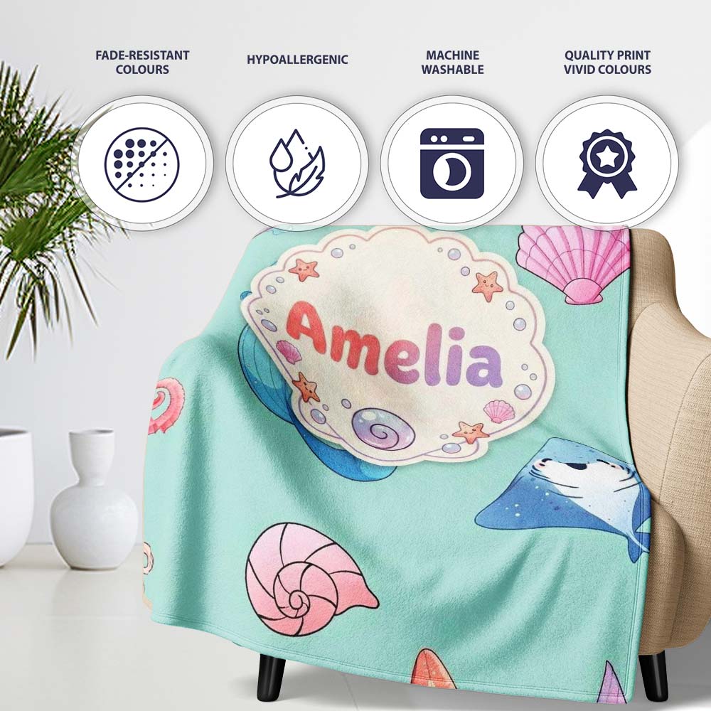 Mermaid Ocean Friends Jellyfish Starfish Mint Green Background Personalised Custom Name Super Soft Fleece Blanket Bed Sofa Throw