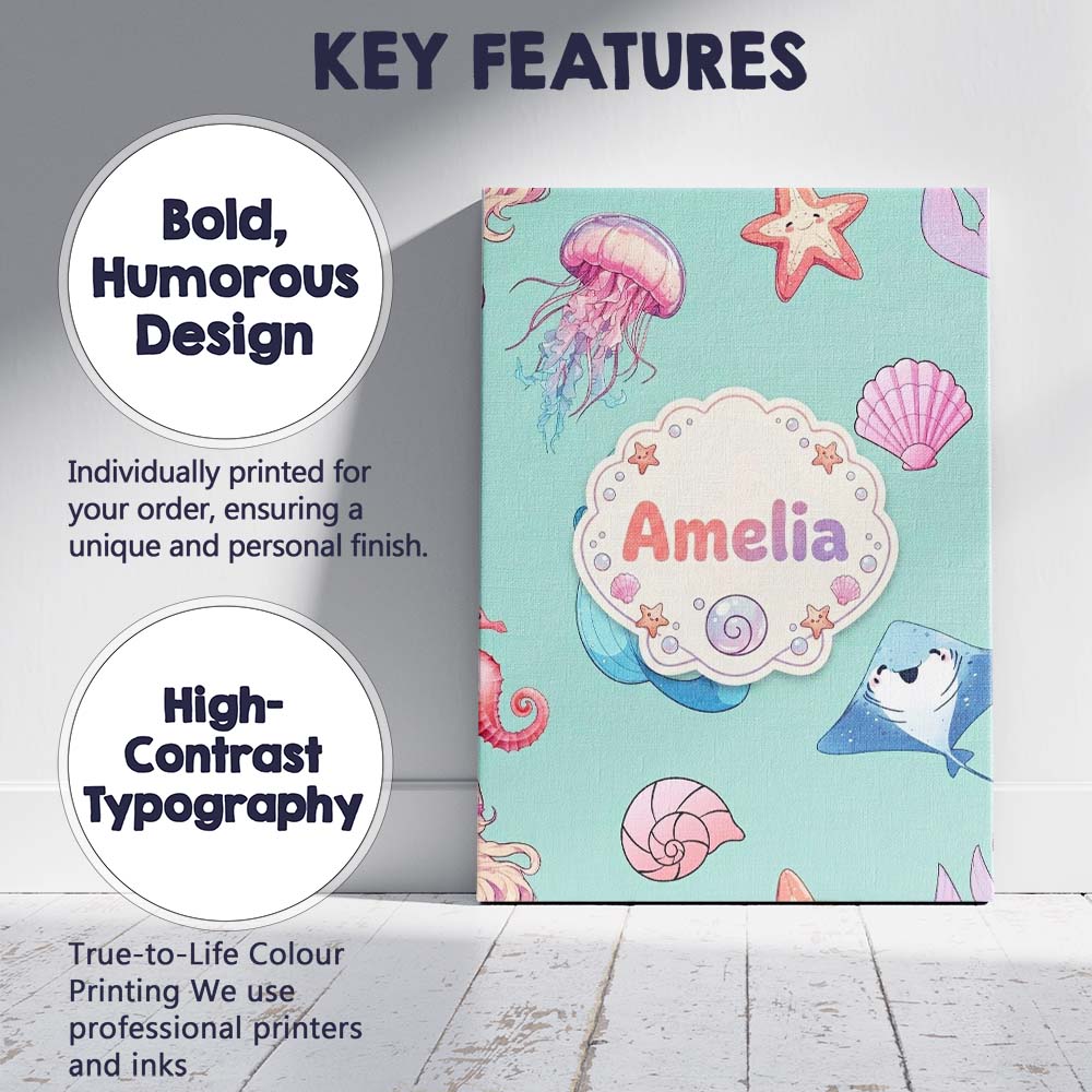 Personalised Name Mermaid Ocean Friends Custom Modern Room Accent Elegant Feature Canvas Wall Art Print Decor Picture Ready to Hang