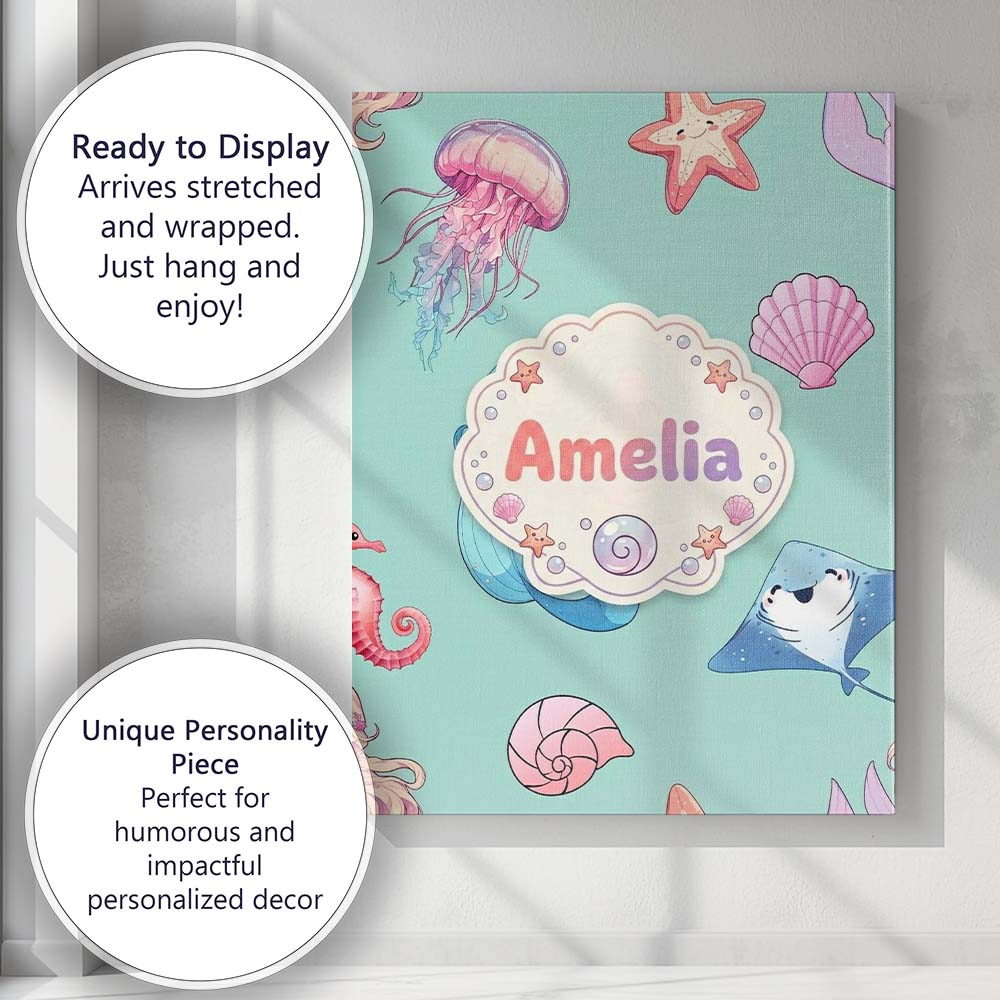 Personalised Name Mermaid Ocean Friends Custom Modern Room Accent Elegant Feature Canvas Wall Art Print Decor Picture Ready to Hang
