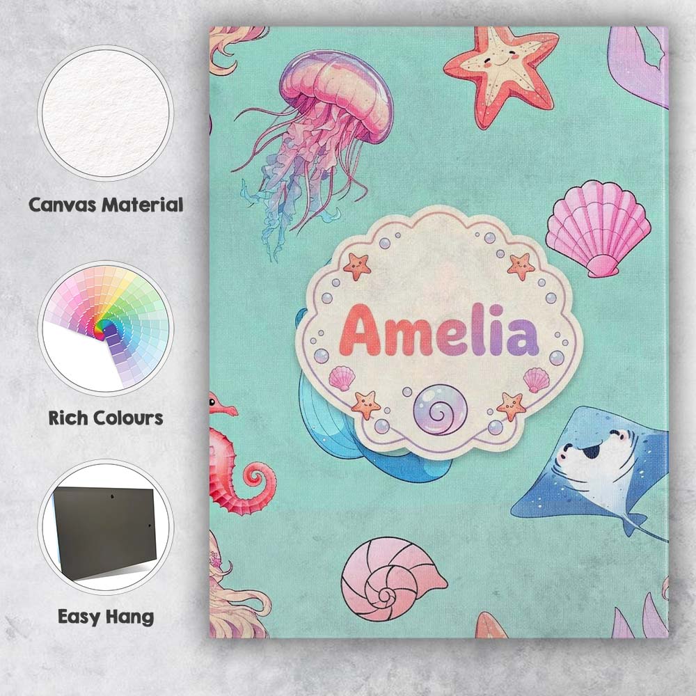 Personalised Name Mermaid Ocean Friends Custom Modern Room Accent Elegant Feature Canvas Wall Art Print Decor Picture Ready to Hang