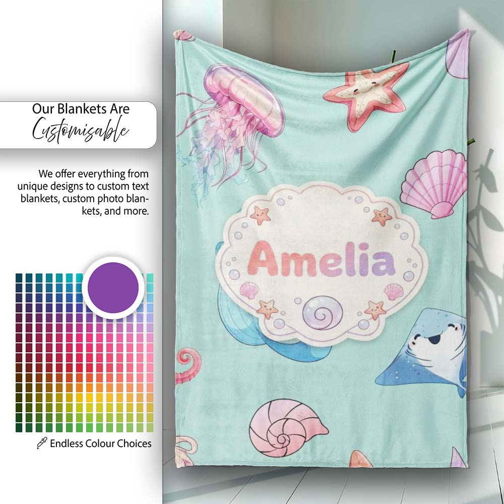 Mermaid Ocean Friends Jellyfish Starfish Mint Green Background Personalised Custom Name Super Soft Fleece Blanket Bed Sofa Throw