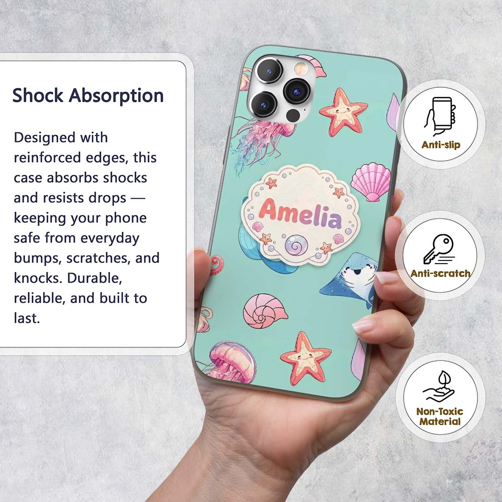Mermaid Ocean Friends Jellyfish Starfish Mint Custom Name Protective Phone Case Mobile Cover Durable Everyday Smartphone Shock Resistant