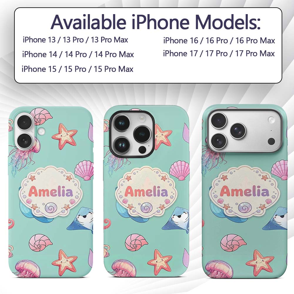 Mermaid Ocean Friends Jellyfish Starfish Mint Custom Name Protective Phone Case Mobile Cover Durable Everyday Smartphone Shock Resistant