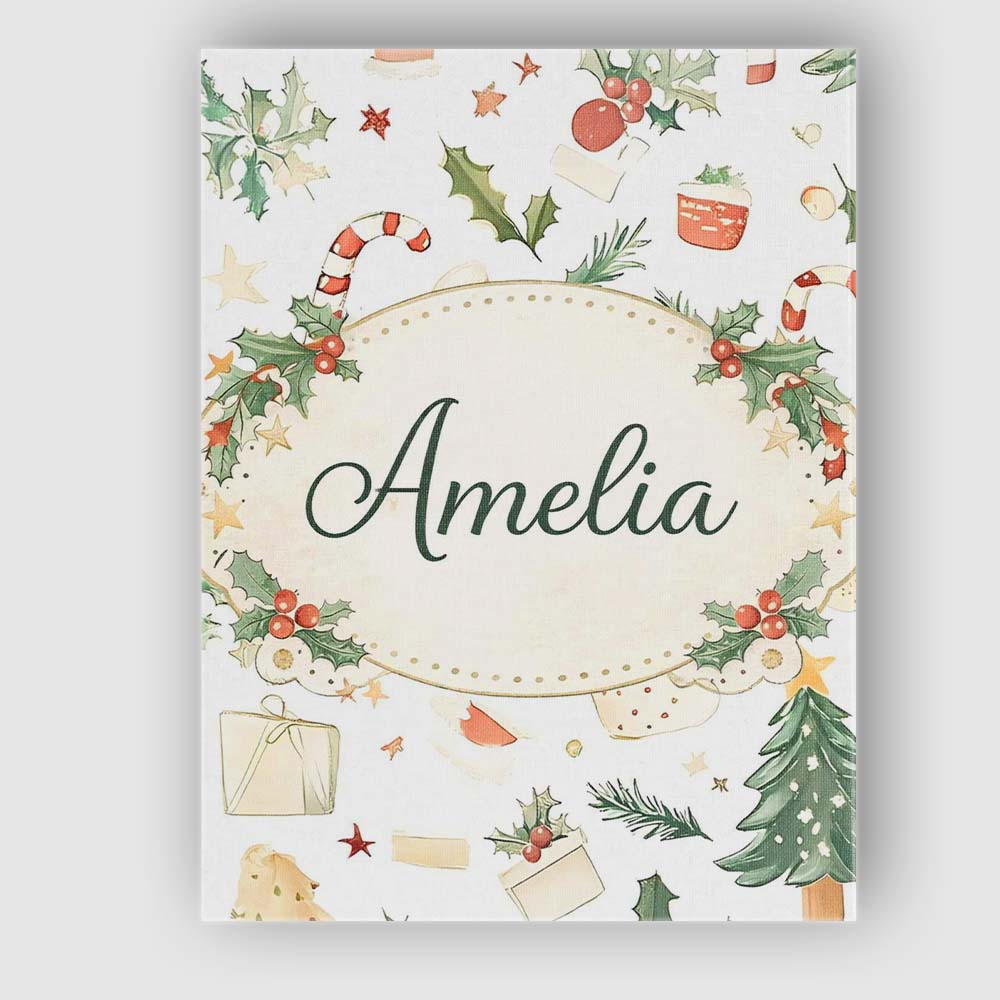 Personalised Name Rustic Christmas Elements Holly Candy Cane Pattern Custom Home Canvas Wall Art Print Decor Picture Ready to Hang