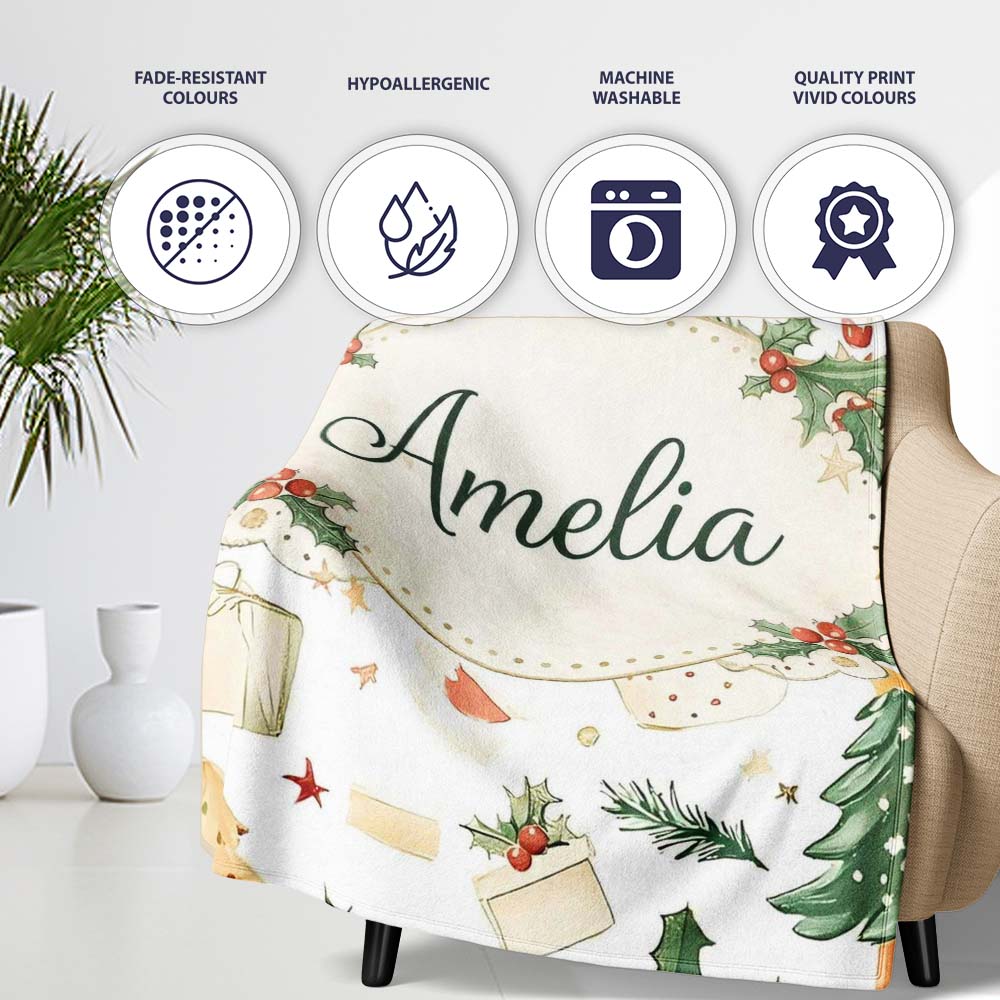 Rustic Christmas Elements Holly Candy Cane Pattern Seamless Design Personalised Custom Name Super Soft Fleece Blanket Bed Sofa Throw