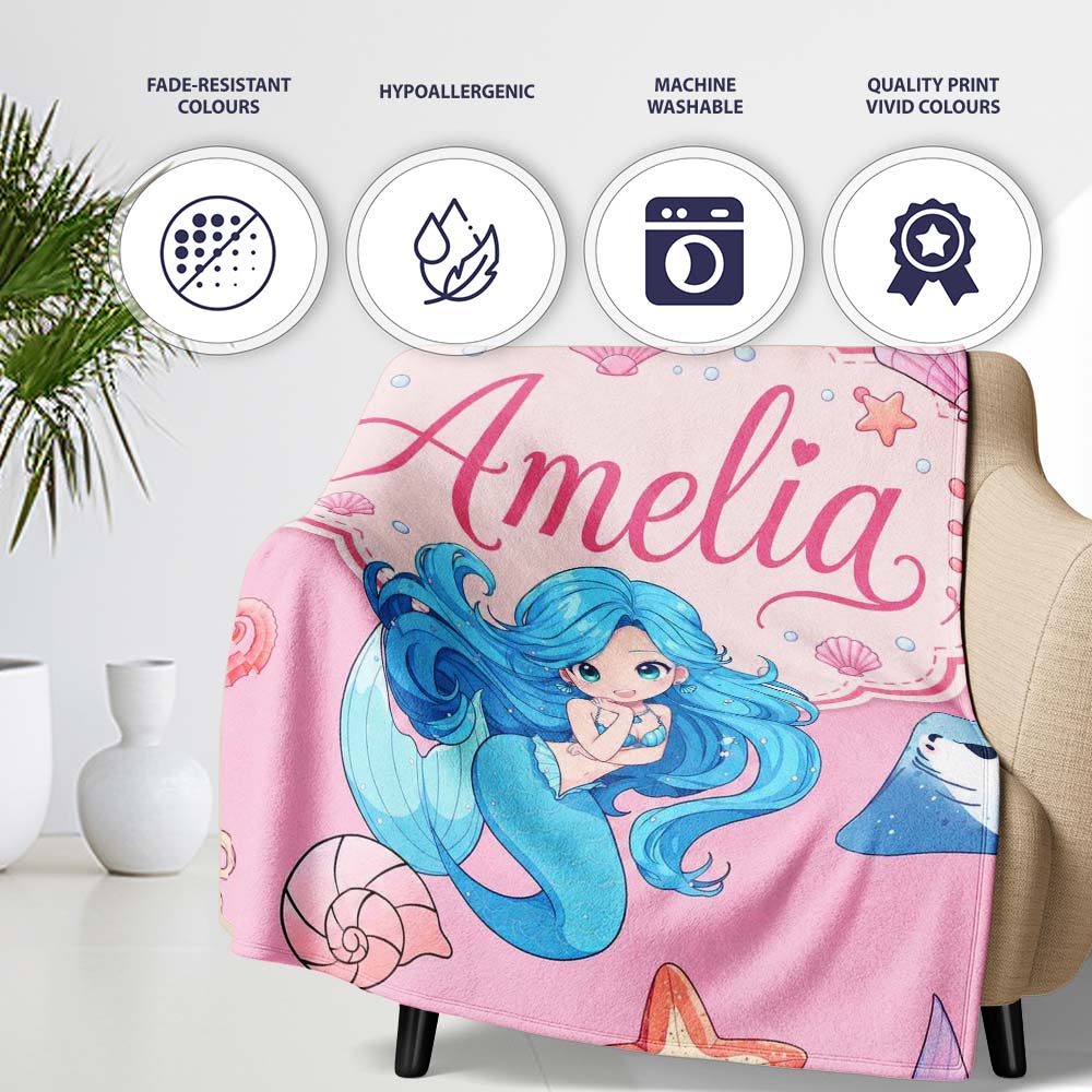 Mermaid Ocean Friends Jellyfish Starfish Rose Pink Background Lovely Personalised Custom Name Super Soft Fleece Blanket Bed Sofa Throw
