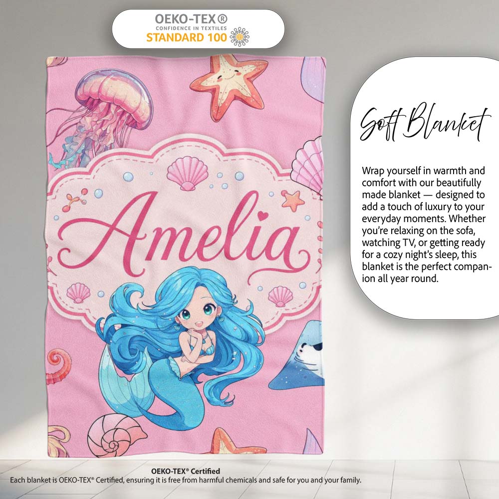 Mermaid Ocean Friends Jellyfish Starfish Rose Pink Background Lovely Personalised Custom Name Super Soft Fleece Blanket Bed Sofa Throw