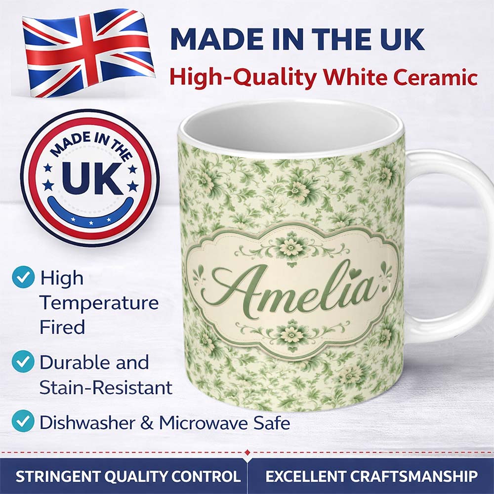 Personalized Custom Name Classic Green Floral Damask Seamless Pattern Vintage Botanical Style 11oz Ceramic Coffee Tea Mug White Large Handle