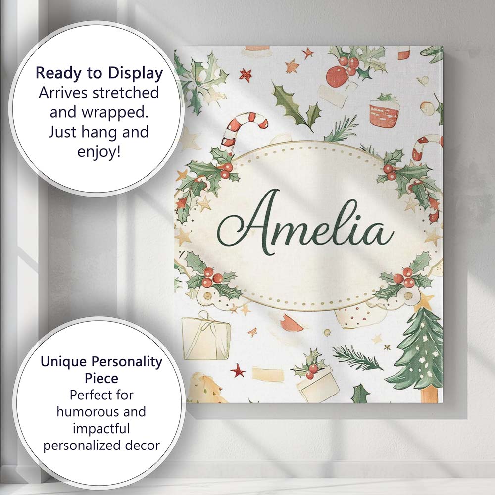 Personalised Name Rustic Christmas Elements Holly Candy Cane Pattern Custom Home Canvas Wall Art Print Decor Picture Ready to Hang