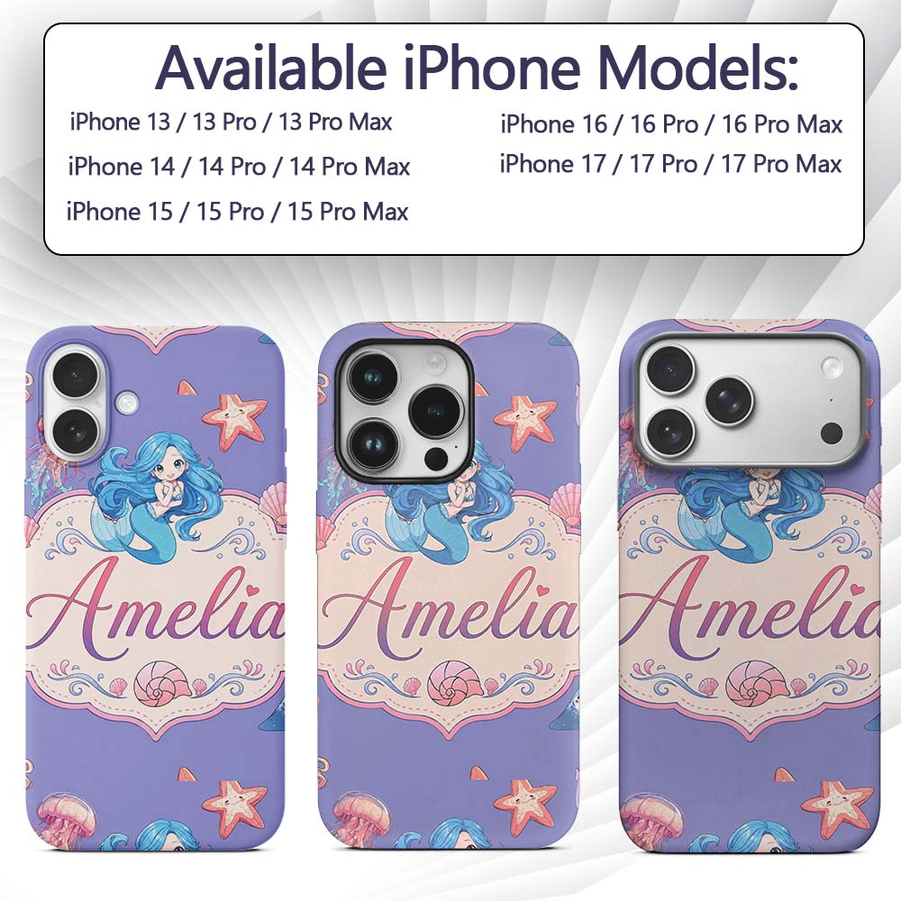 Mermaid Ocean Friends Jellyfish Starfish Purple Custom Name Protective Phone Case Mobile Cover Durable Everyday Smartphone Shock Resistant
