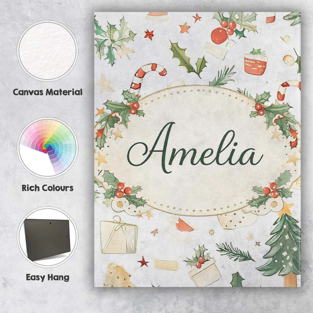 Personalised Name Rustic Christmas Elements Holly Candy Cane Pattern Custom Home Canvas Wall Art Print Decor Picture Ready to Hang
