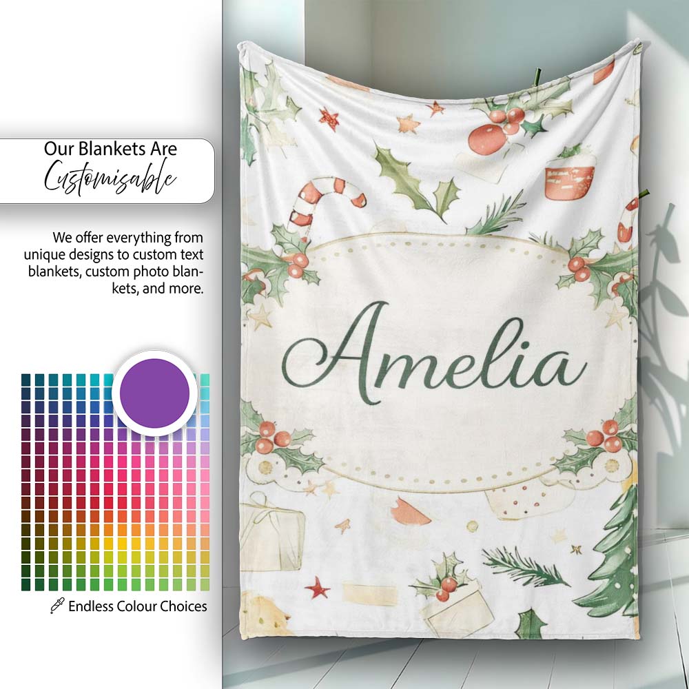 Rustic Christmas Elements Holly Candy Cane Pattern Seamless Design Personalised Custom Name Super Soft Fleece Blanket Bed Sofa Throw