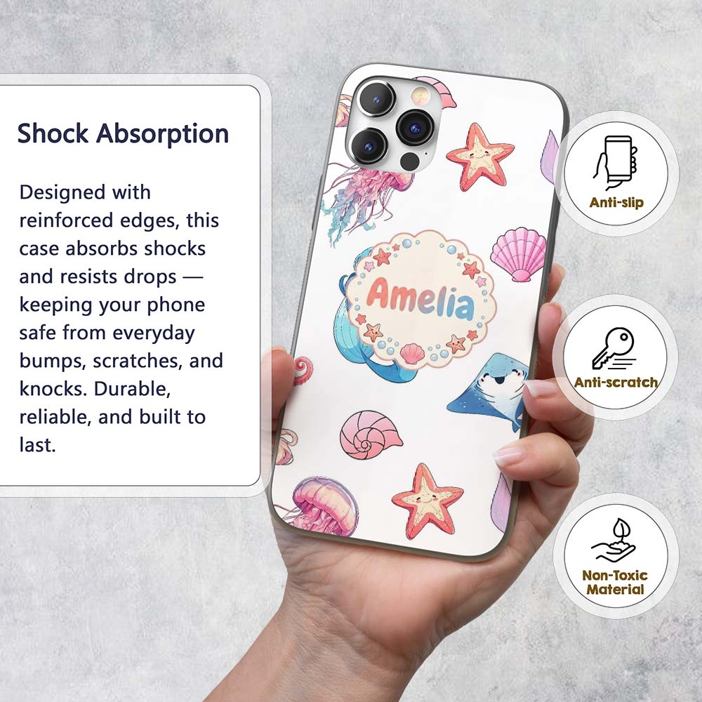 Mermaid Ocean Friends Jellyfish Starfish Grey Custom Name Protective Phone Case Mobile Cover Durable Everyday Smartphone Shock Resistant