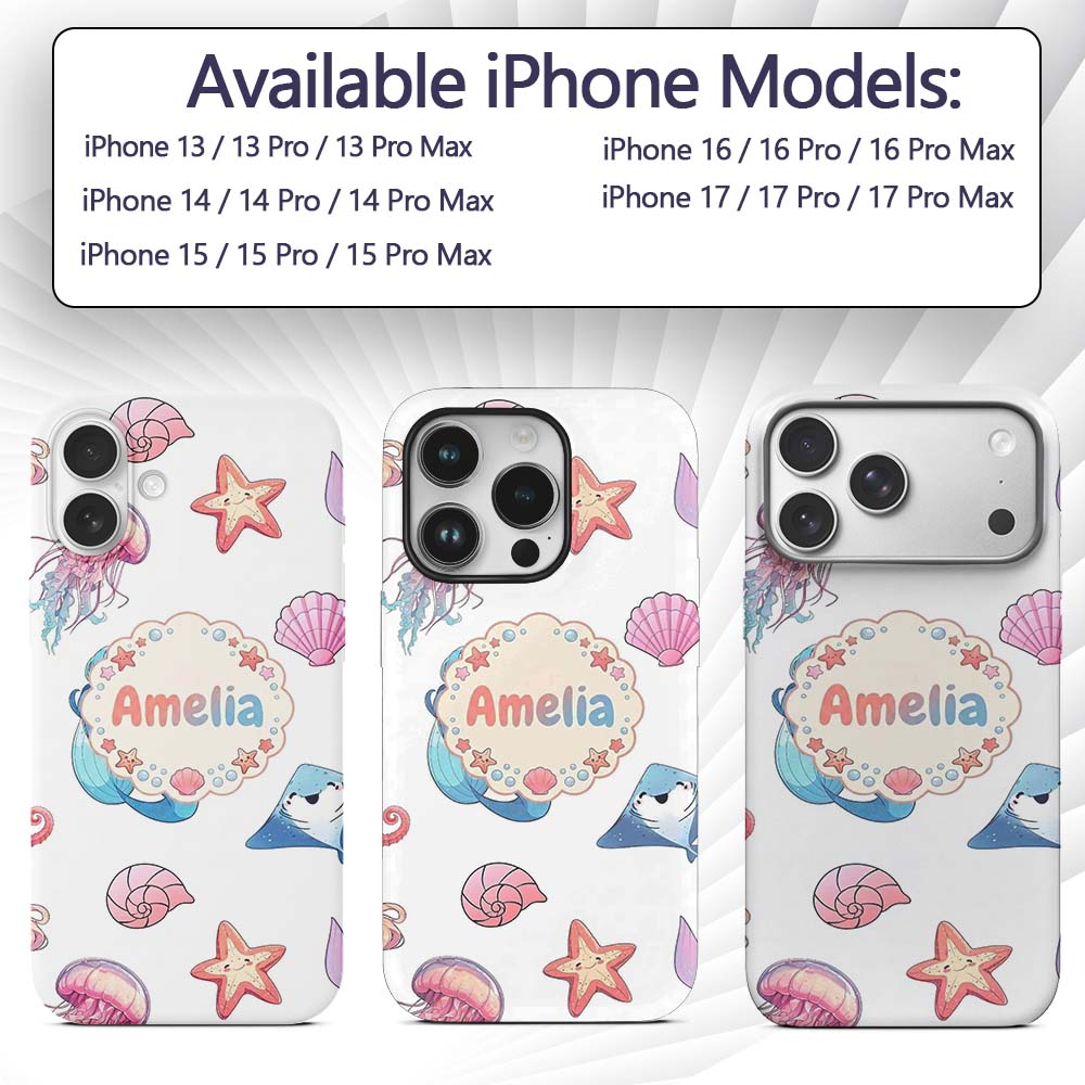 Mermaid Ocean Friends Jellyfish Starfish Grey Custom Name Protective Phone Case Mobile Cover Durable Everyday Smartphone Shock Resistant