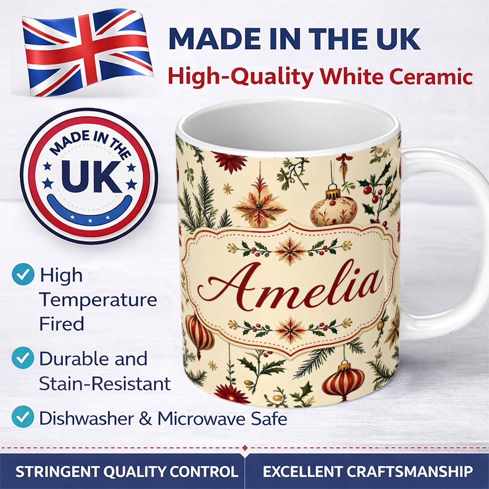 Personalized Custom Name Elegant Christmas Baubles Holly Berry Botanical Seamless Pattern 11oz Ceramic Coffee Tea Mug White Large Handle