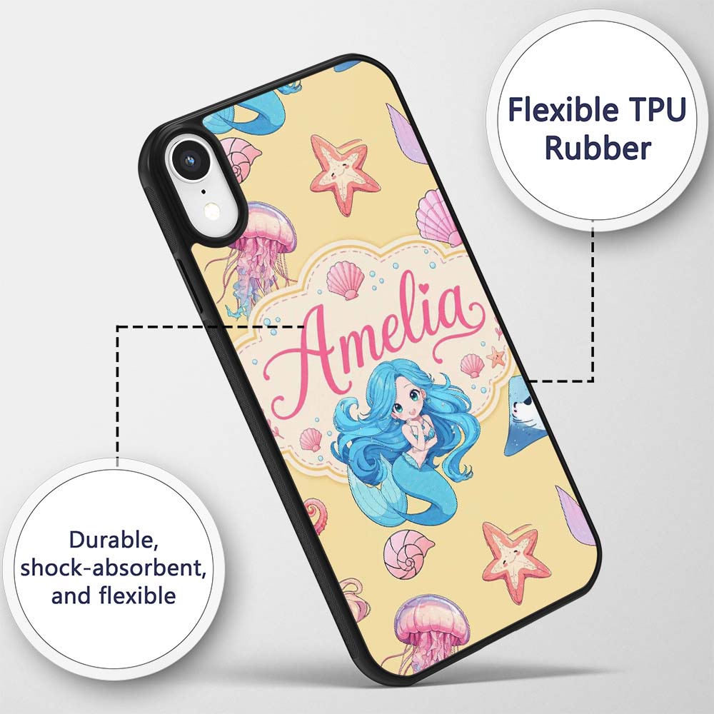 Mermaid Ocean Friends Jellyfish Starfish Mustard Custom Name Protective Phone Case Mobile Cover Durable Everyday Smartphone Shock Resistant