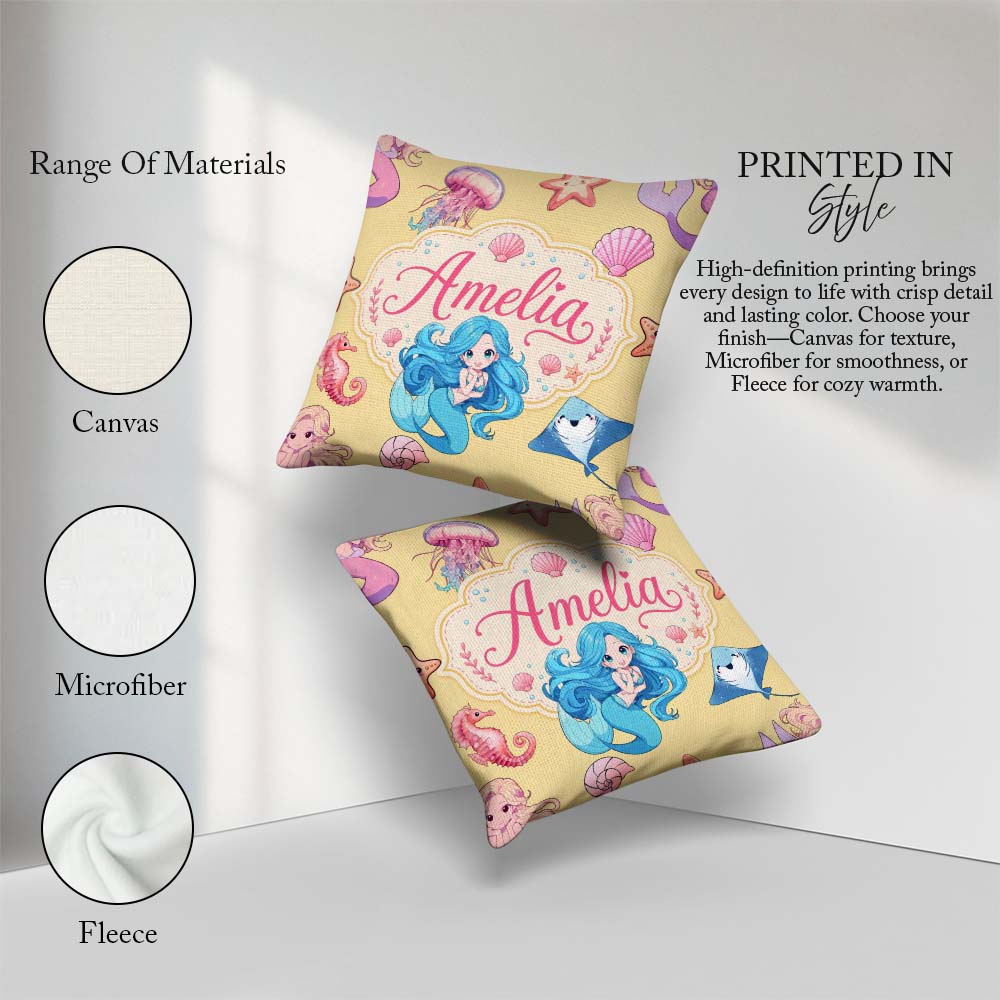 Custom Name Mermaid Friends Jellyfish Starfish Yellow Background Square Filled Cushion Throw Pillow Sofa Bed Home Decor Zip Washable UK Made
