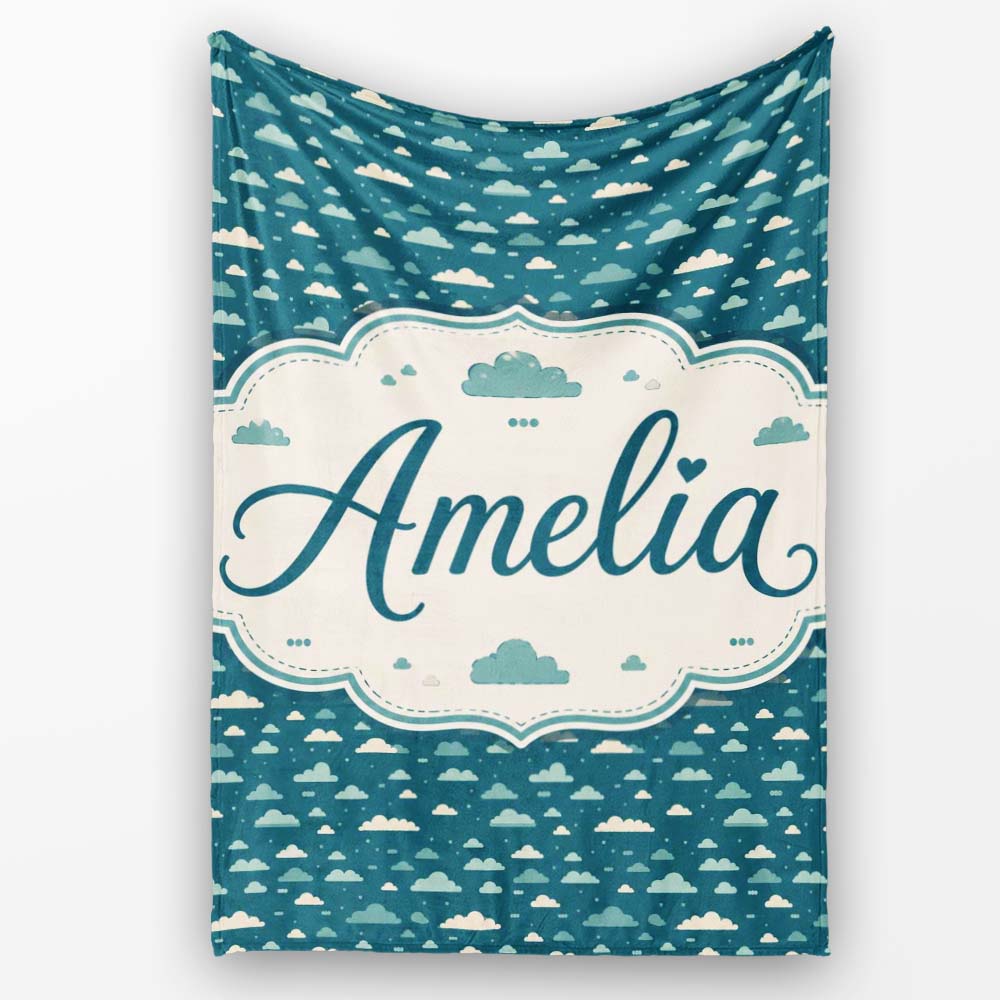 Small Scale Cloud Pattern Teal Background Soft Neutral Clouds Lovely Personalised Custom Name Super Soft Fleece Blanket Bed Sofa Throw