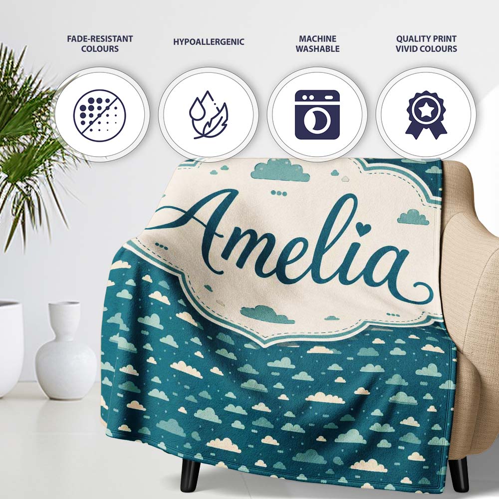Small Scale Cloud Pattern Teal Background Soft Neutral Clouds Lovely Personalised Custom Name Super Soft Fleece Blanket Bed Sofa Throw