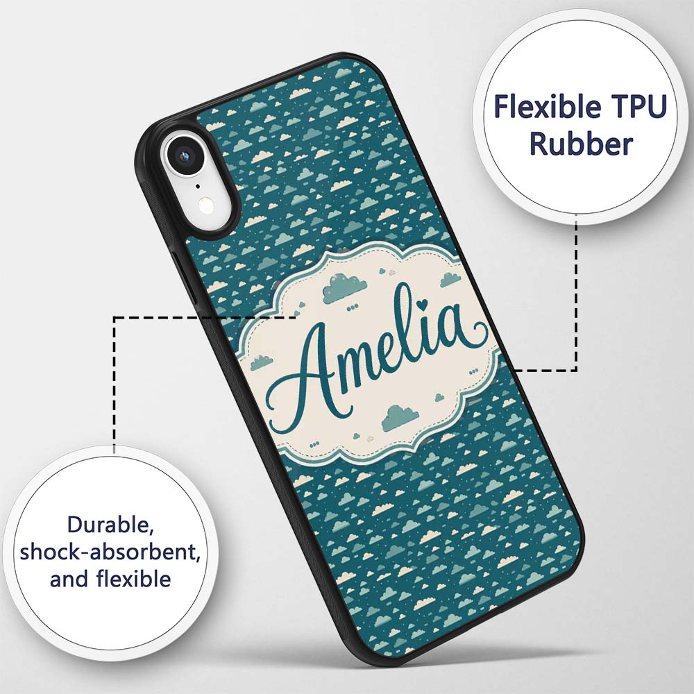 Small Scale Cloud Pattern Teal Background Soft Custom Name Protective Phone Case Mobile Cover Durable Everyday Smartphone Shock Resistant