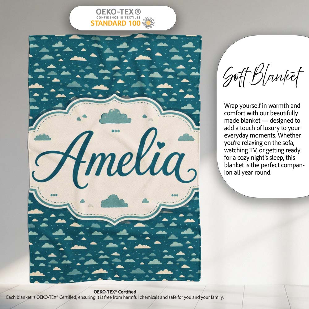 Small Scale Cloud Pattern Teal Background Soft Neutral Clouds Lovely Personalised Custom Name Super Soft Fleece Blanket Bed Sofa Throw