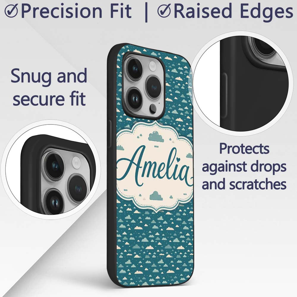 Small Scale Cloud Pattern Teal Background Soft Custom Name Protective Phone Case Mobile Cover Durable Everyday Smartphone Shock Resistant
