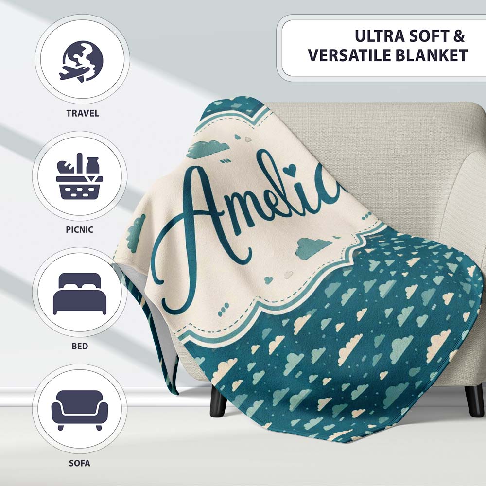 Small Scale Cloud Pattern Teal Background Soft Neutral Clouds Lovely Personalised Custom Name Super Soft Fleece Blanket Bed Sofa Throw