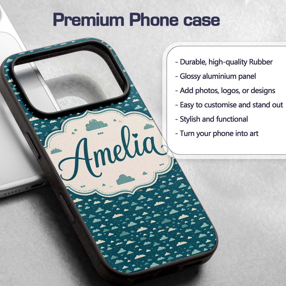 Small Scale Cloud Pattern Teal Background Soft Custom Name Protective Phone Case Mobile Cover Durable Everyday Smartphone Shock Resistant