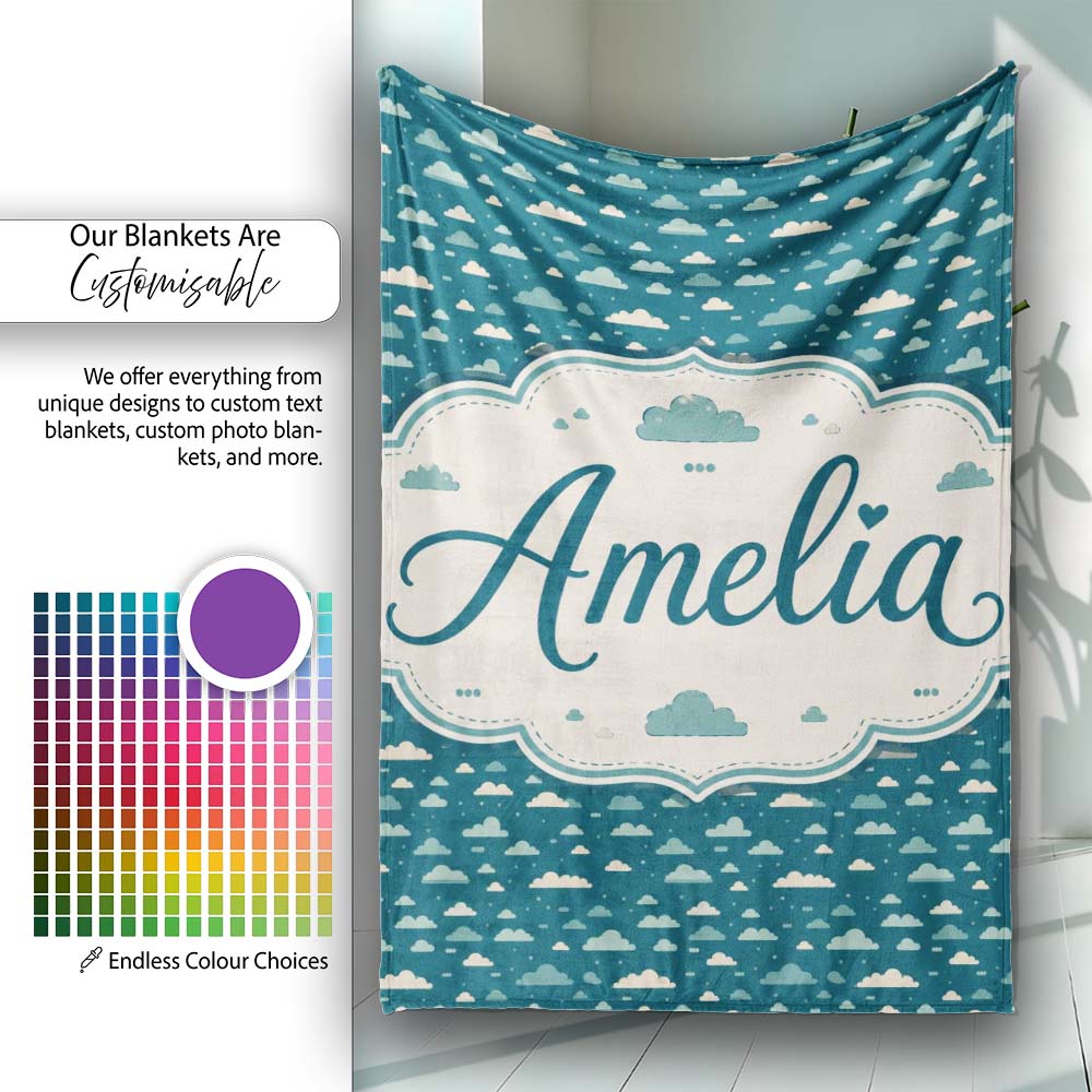 Small Scale Cloud Pattern Teal Background Soft Neutral Clouds Lovely Personalised Custom Name Super Soft Fleece Blanket Bed Sofa Throw